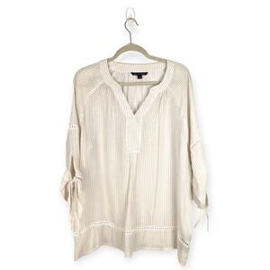 Zac and Rachel Cream and Beige Striped Split V-Neck 3/4‎ Sleeve Tunic Size Large